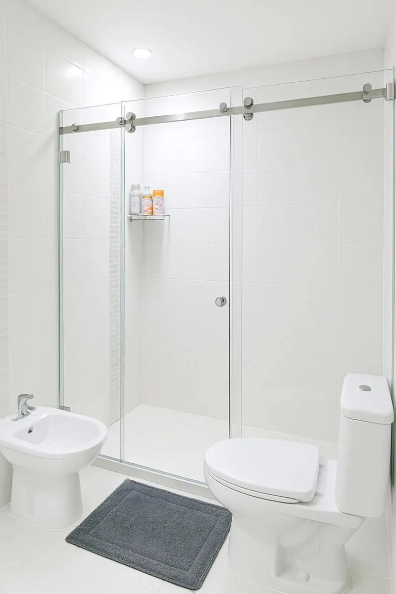 Bathroom with a frameless glass walk-in shower, a bidet and a WC